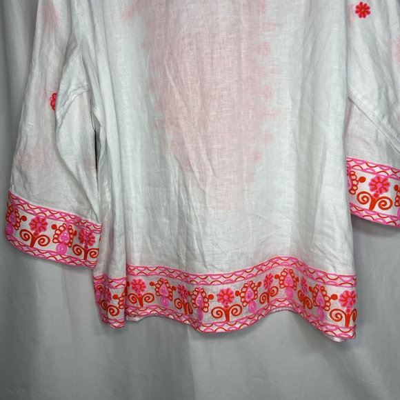 John Mark Women’s Embroidered 100% Linen Tunic Split Neck White Pink Sz 1X Boho - Picture 7 of 12